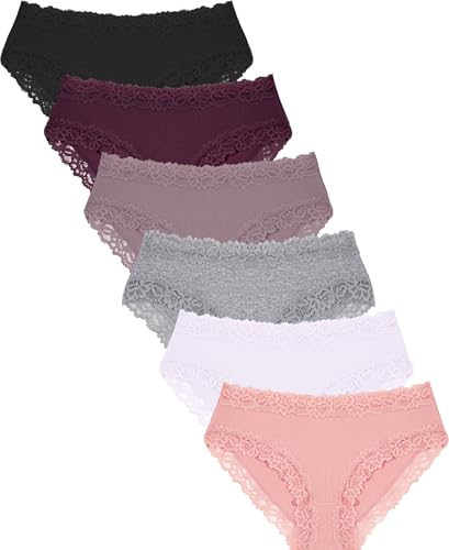 FINETOO Womens Underwear Cotton Bikini Underwear for Women Lace Wasit Hipster Panties Soft Breathable Briefs 6 Pack