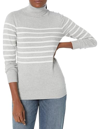 Amazon Essentials Women's Classic-Fit Lightweight Long-Sleeve Sweater, Light Grey Heather/White Placed Stripe, Large