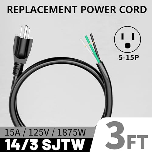 Image of Vockjour 2 Pack 3 ft 14 /3 Appliance and Power Tool Cord, 14 AWG 3 Prong Black Heavy Duty Replacement Power Cord with Open End, NEMA 5-15P, 125V AC Pigtail, 15A 1875W, ETL Listed