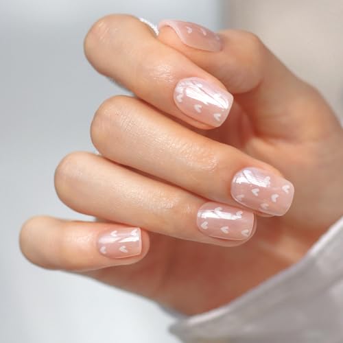LAMIMOSA 32Pcs Chrome Press On Nails Short Square - Soft Gel Fake Nails in 16 Sizes Reusable Glue on Nails kit HEARTFELT