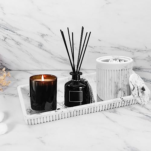 Resin White Marble Bathroom Accessories Set 5 Pcs, Lotion Soap Dispenser, Toothbrush Holder, Bathroom Tumbler, Qtip Holder and Vanity Tray, Bathroom Countertop Organizer Set for Modern Home Apartment - Image 7