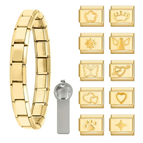 papasgix Italian Charm Bracelet Gold Set with Starter Brascelet, Assorted Gold Charms and Opening Tools, 9mm Modular Italian Charm Bracelet Links Handmade DIY Jewelry