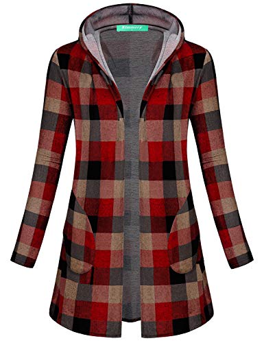 Kimmery Plaid Cardigan, Open Front Sweatshirt for Women Shawl Collar Color Block Knitwear Fashion Long Sleeve Twin Pockets Boyfriend Cardigans Slim Fitted Fall Boho Sweater to Wear with Leggings Red L