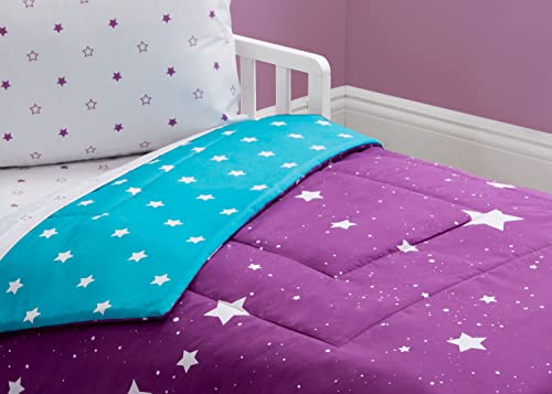 Delta Children 4 Piece Toddler Bedding Set for Girls - Reversible 2-in-1 Comforter - Includes Fitted Comforter to Keep Little Ones Snug, Bottom Sheet, Top Sheet, Pillow Case - Purple Stars Night - image 5