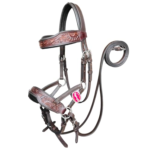 Kayfcrafts Oiled Leather Horse Side Pull Bitless Bridle Full Leather Reins (Brown with Light Antique Work, Full)