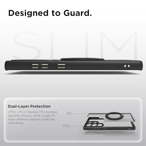 Image of RIGGEAR Shockproof Sleek Hybrid Armor 360 Rotating Magnetic Ring Stand Back Cover Case Compatible with MagSafe Accessories for Samsung Galaxy S24 Ultra (Clear PC + Black TPU Bumper)