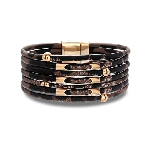 Brown Leather Western Cuff Bracelets for Women Cowgirl Charm Flexible Bangle Leopard Print Bracelet Rock Punk Bracelets for Women Gothic Accessories Western Y2k Beaded Bracelet Chunky Leopard Bangle