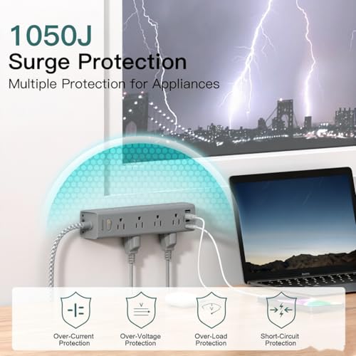 Image of Addtam Gray Power Strip Surge Protector with 12 AC Outlets & 4USB Ports, 15FT Extension Cord, Flat Plug,1050J Overload Protection, Wall Outlet Extender for Home Office Living Room Dorm, ETL Listed