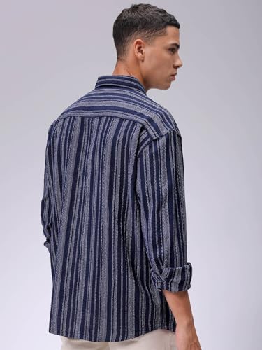 Image of The Indian Garage Co Men Slim Fit Striped Full Sleeves Cutaway Collar Casual Shirt