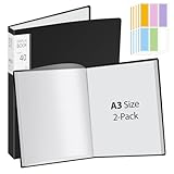 2 Stück A3 Päsentationsdisplay Buch mit 40 Klarsichthüllen für 80 Blatt, Sichtbuch in A3 Format für Kunstwerke, Notenmappe, Diamond Painting Mappe, Urkunden, Portfolio - PP - Schwarz