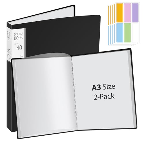 2 Stück A3 Päsentationsdisplay Buch mit 40 Klarsichthüllen für 80 Blatt, Sichtbuch in A3 Format für Kunstwerke, Notenmappe, Diamond Painting Mappe, Urkunden, Portfolio - PP - Schwarz