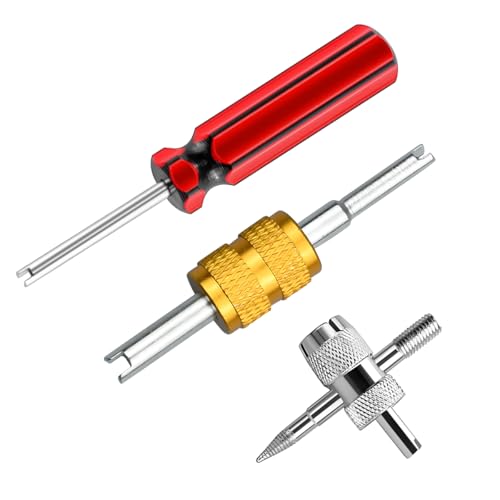 Image of Osilly 3PCS Car Tire Valve Stem Tools, Single Dual Head Vehicle A /C Valve Core Remover Puller, 4 Way Auto Air Conditioning Line Repair Tyre Wrench Tool, Universal for Bicycle RV Truck (Yellow)