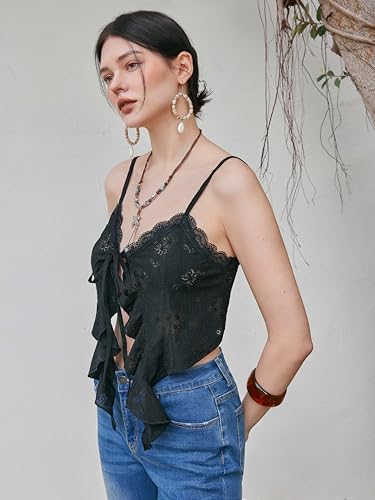 Image of CIDER Going Out Tops for Women Y2K Tie Front Lace Cowgirl Crop Tops | Asymmetrical Ruffle Hem, Spaghetti Strap, Country Concert, Western, Summer Outfits