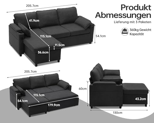 DURASPACE Schlafsofa ausziehbar 2 in 1 Sektional Schlafsofa Couches mit Lagerung, USB, Cup Holder, Pullout Sektional Couches für Wohnung Wohnzimmer (Dunkelgrau) – Bild 3