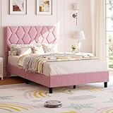 GarveeHome Twin Size Platform Bed Frame with Upholstered Headboard and Wooden Slats Support, Velvet Upholstered Mattress Foundation/No Box Spring Needed/Easy Assembly, Pink