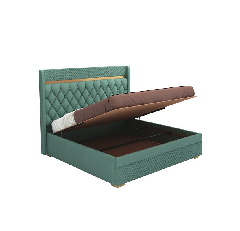 Image of MAMTA DECORATION Solid Wood King Size Bed with Hydraulic Box Storage | Premium Velvet Upholstered Tufted Headboard Double Bed | Wooden Cot Bed for Bedroom, Home, Hotel & Guest Room | Greendust Finish