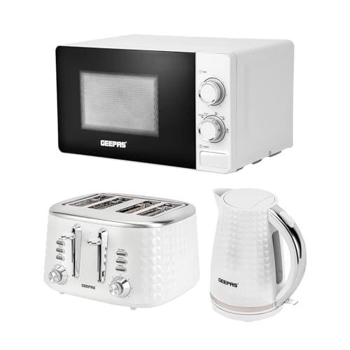 Geepas 3-Piece Kitchen Set 20L Microwave 1.7L Kettle 4 Slice Toaster 700W/2200W/1750W White