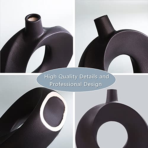 Black Ceramic Vases For Decor Set Of 2,Pampas Grass Flowers,Round Matte Flower Donut Vase,Minimalist Modern Style Vase For Farmhouse, Living Room, Table, Bookshelf, Mantel And Entryway Décor #TOP3