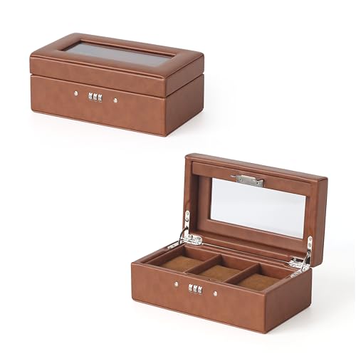 ProCase 男性用3スロットウォッチボックス、コンビネーションロック付きウォッチオーガナイザー、ガラス蓋付きディスプレイ収納ケース