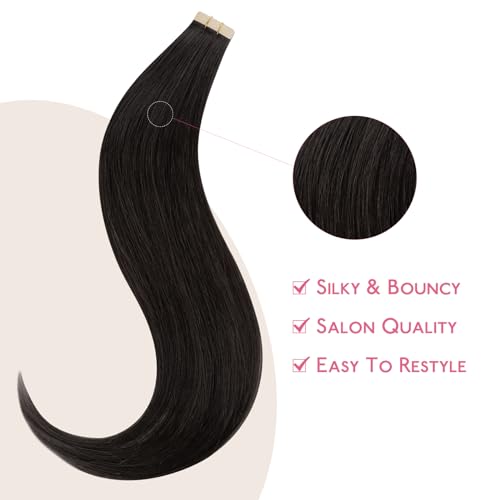 Image of WENNALIFE Tape in Hair Extensions Human Hair Natural Black Tape in Extensions, 10pcs 20g 10 inch Remy Invisible Tape Ins Straight Colored Soft Real Human Hair Tape in Extensions Refill Set Extensions