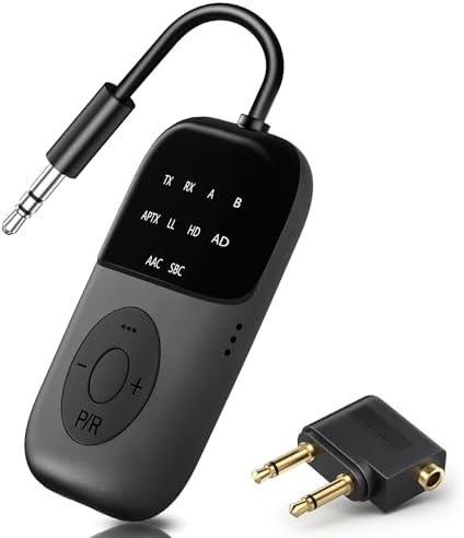 SOARUN 2-IN-1 Bluetooth 5.4 Adapter Transmitter, 24H Spielzeit, aptX Low Latency Airfly Gadgets, Bluetooth Empfänger Sender Klinke 3,5 für Airpods, Flugzeug, Kopfhörer,TV, Audio Sy