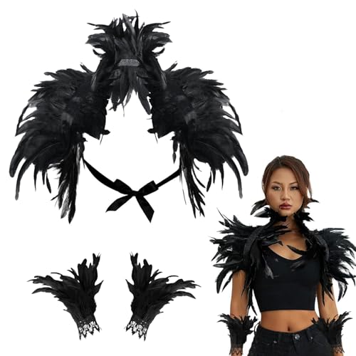 Mantello di Piume Donna,Gothic Scialle di Piume Piuma Naturale Set Mantello Piumes Colletto di Piumes di Halloween Carnevale Scialle Piuma Costume da Ala di Corvo per Cosplay con polsini da polso