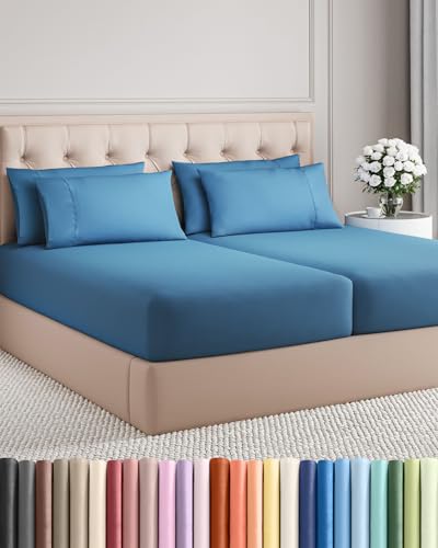 Image of Split King 7 Piece Bed Sheet Set - Comfy, Breathable & Cooling - Denim Blue | Ultra-Soft Hotel Luxury Bedding Set w / 8-16 Inch Deep Pockets, 1 Flat & 2 Fitted Sheet & 4 Pillowcases, Wrinkle & Fade Free