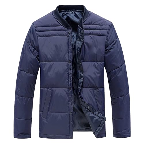 Men's Stand Collar Puffer Jackets Casual Snap Button Down Quilted Coat Button Front Bomber Down Jacket (Blue,Large)