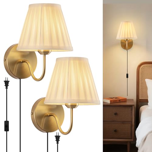 Image of Plug in Wall Sconces Set of Two, Fabric Shade Wall Light with On /Off Switch, Plug in Wall Mount Lamps Wall Decor Set of 2, Gold Sconces Wall Lighting Fixture for Bedroom Bedside Living Room Porch