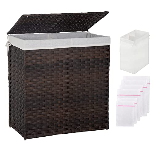 Paylesshere Cesta de lavandería tejida a mano de 90 l/110 l, cesta plegable de ratán con tapa, 2 bolsas de forro extraíbles y 6 bolsas de lavandería, cesta de ropa de baño, cesta de lavandería marrón