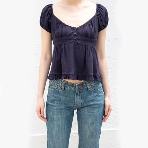 Women Fairy Crop Top Summer Teen Girl Vintage Short Sleeve Ruffle Hem Going Out Babydoll Top Y2k Shirt3