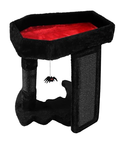 PuzzlePaw Gothic Cat Tree Tower with Coffin Cat Bed for Indoor Cats, Halloween Spooky Cat Scratcher,Goth Cat Tree with Sisal Scratchig Post and Spider Dangling Toys,Black with Red