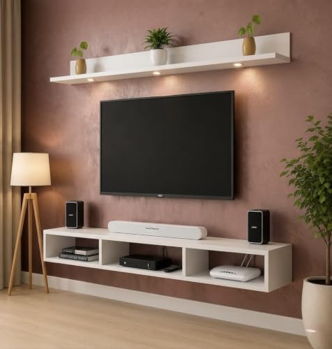 Image of Bros Moon Wall Mounted TV Cabinet Parallel Rooftop Model, Frosty White, pre-Laminated, Wood, for Living Room, Suits TV up to 55 Inches (Frosty White, Rooftop 48 Inches Base with Light)