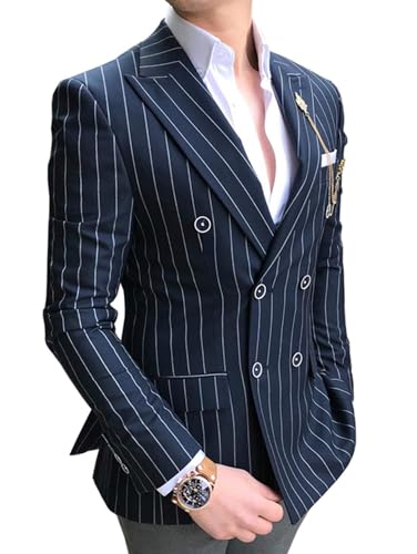 Generic Mens Double Breasted Blazer Pinstripe Suit Jacket Slim Fit Peak Lapel Tuxedo Wedding Jacket Sports Coat(1 Jacket)