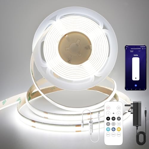 FUIQI COB LED Strip 5M,Dimmable Dotless LED Strip Lights with Smart App and Remote,24V Cool White 6000K with Power Supply,8mm Wide,CRI90 LED Lights for Indoor Room,Kitchen,cabinets,Mirrors