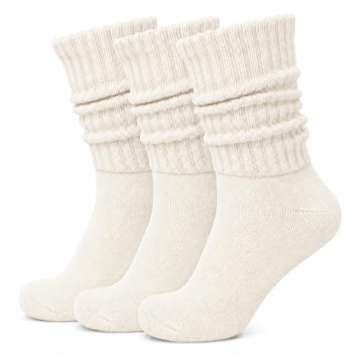 Image of 3 Pairs Slouch Socks for Women & Men, Ribbed Scrunch Crew Socks | 3-pair cotton-rich ribbed slouch socks for women and men, thick scrunch crew socks for boots, sneakers and lounging.