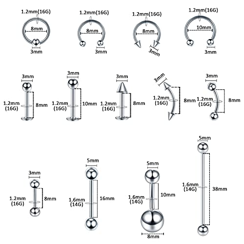 58Pcs Body Piercing Kit Surgical Steel 14G 16G Bcr Cbr Labret Lip Rings Cartilage Daith Earrings Belly Button Rings Nose Septum Piercing Jewelry Needles Gloves Clamps Tools #TOP1