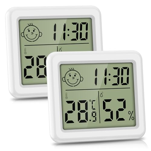 Brifit Digital Hygrometer Thermometer, Tragbares Hygrometer Innen mit Hoher Genauigkeit, Temperatur und Feuchtigkeitsmessgerät mit Uhr, Raumklimaanzeige, Raumthermometer für Büro, Heim (2 Stück)