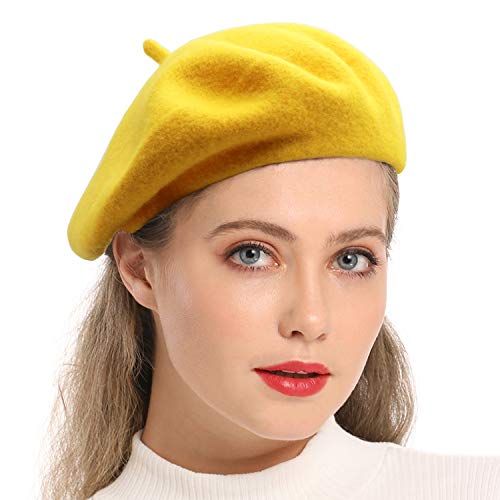Wheebo Wool Beret Hat,Solid Color French Style Winter Warm Cap for Women Girls Lady (Beret Hat-Dark Yellow-FBA)