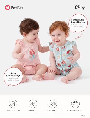 Disney Baby Ariel The Little Mermaid Romper 2 Pack | Lightweight Breathable Baby Girl Bodysuits with Ruffle Sleeves and Snaps,Blue&Pink,6-9 Months - image 4