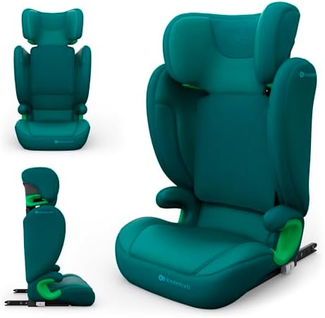 Kinderkraft JUNIOR FIX 2 PRO Kindersitz 100–150 cm, Verstellbare Kopfstütze, H-GUARD, SPS, ISOFIX und Gurtmontage, Atmungsaktiver AIR FLOW Bezug, Einfaches Anschnallen, Grün