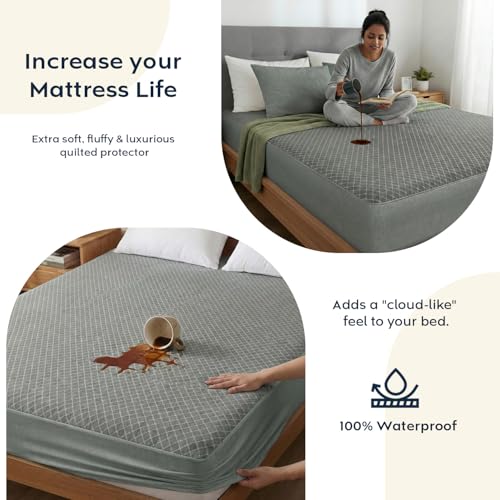 Image of Ayka 100% Waterproof Knitted Mattress Protector Queen Size Breathable Hypoallergenic Noiseless Ultra Soft Fitted Bed Protector 75x60 inch Mattress /Bed Cover (Queen 75 * 60 inch, Grey)