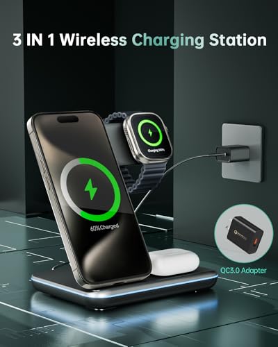 Image of HEYMIX 3 in 1 Wireless Charger - 15W Fast Wireless Charging Station (Gold)