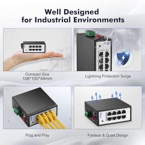 Image of 8 Port Mini Gigabit Industrial Switch, 100 /1000Mbps Ethernet, Din Rail & Wall Mount Included, YuLinca Unmanaged IP30 (-40~185F) Hardened Network Switch