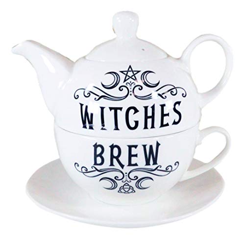 Ebros Wicca Occult Pentagram Crescent Moons Witches Brew Hex Ceramic Porcelain Stacking Tea Pot And Cup With Saucer Plate Set Serves 1 Person Home Decor Accent Teapot Sets #TOP4