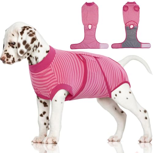 FUAMEY Recovery Suit for Dogs Post-Surgery,Dog Surgery Suit Female Spay Dog Onesie for Surgery Female Collar Cone Alternative Surgical Shirt,Male Dog Neuter Suits Rose Stripes XS XS(Back:8.3