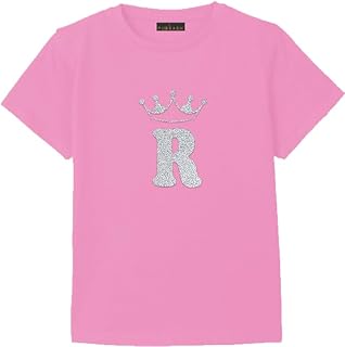 تيشرت كاجوال من القطن مزين بحروف تاج (ار)، لون وردي، مقاس سمول S