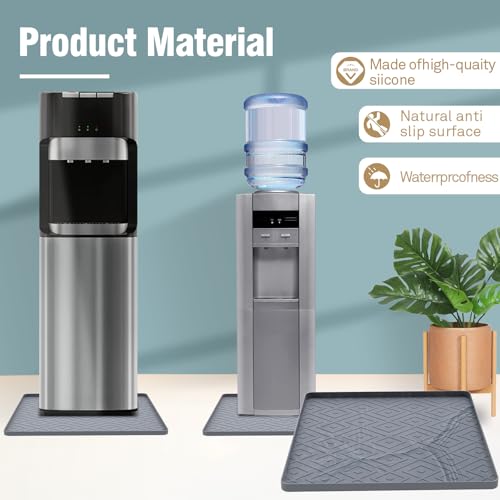 Image of Water Cooler Mat, 19.7 inch x 19.7 inch Silicone Water Dispenser Mat, Non Slip Water Cooler Tray with Raised Edge for Foor Protector, Waterproof Tray for Mini Fridge, Humidifier, Ice Maker, Kitchen (Gray)