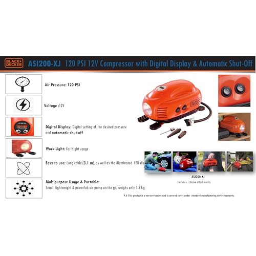 Image of BLACK + DECKER ASI200-XJ Tyre Inflator, 8.27 bar / 120 PSI Compressor with 12 V Cigarette Lighter Socket Digital Display Automatic Shut-Off with 3 Valve Attachments 3.1 m Cable