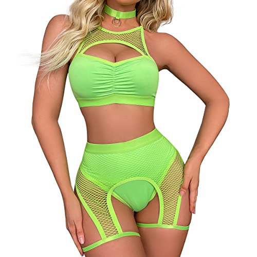 Womens Rave Outfits Cutout Fishnet Top High Waisted Booty Shorts Bottom Choker 3 Pieces Babydoll Lingerie Nightwear Festival Clothes Fluorescent Green Small